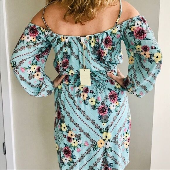 Ella Moon Off The Shoulder Floral Dress Smocked Long Sleeve MIDI Dress S NWT - Picture 8 of 8